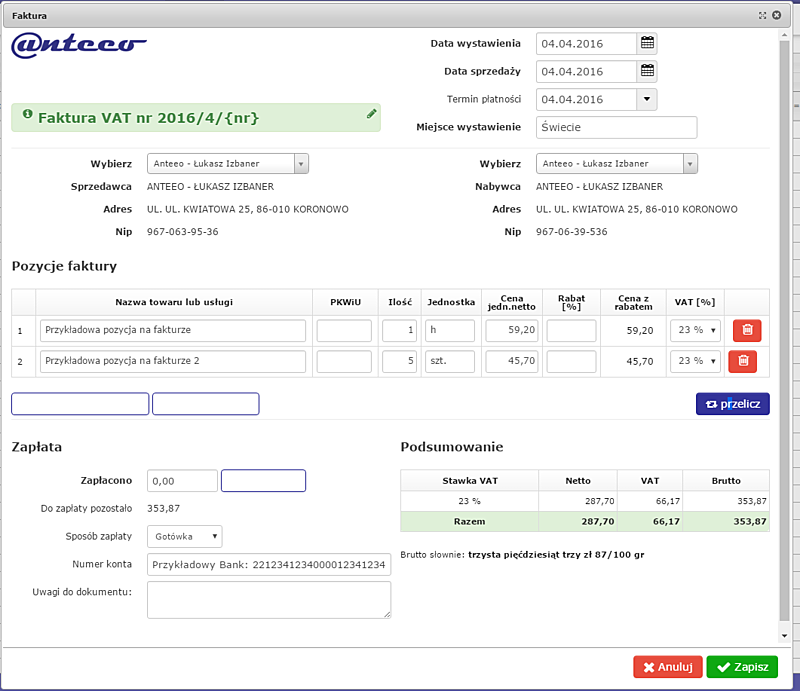 TERMINUS – przykładowa faktura